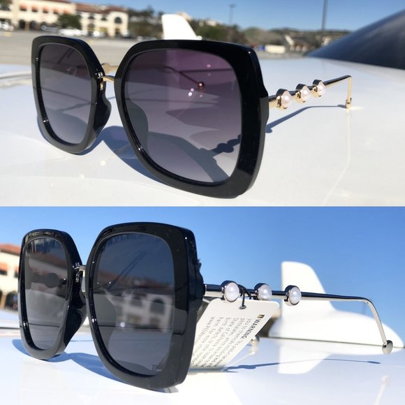 NEW Classic Pearl Accent Skinny Metal Leg UV Protection Oversize Sunglasses - Picture 6 of 11